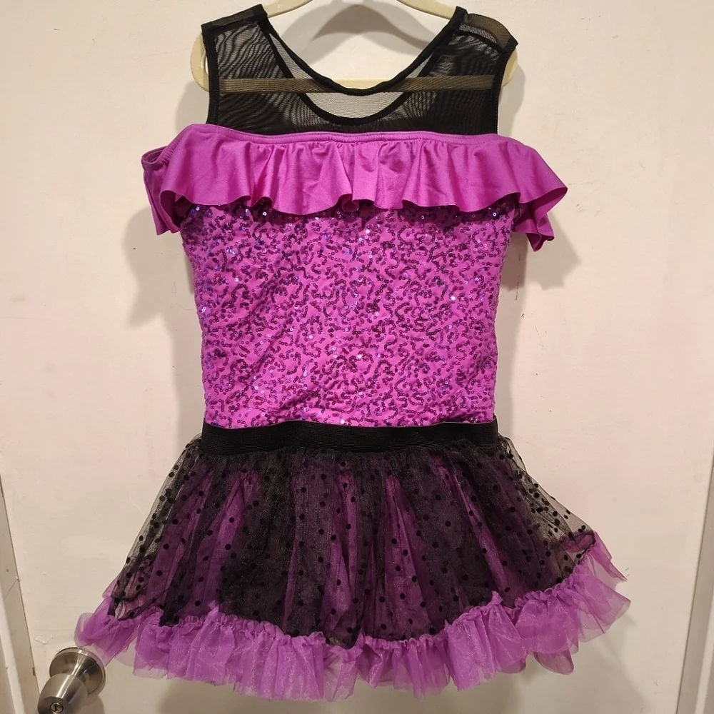 Weissman Girl's Purple Sequin Black Dotted Tutu Skirt Dance Costume Sz L Jazz